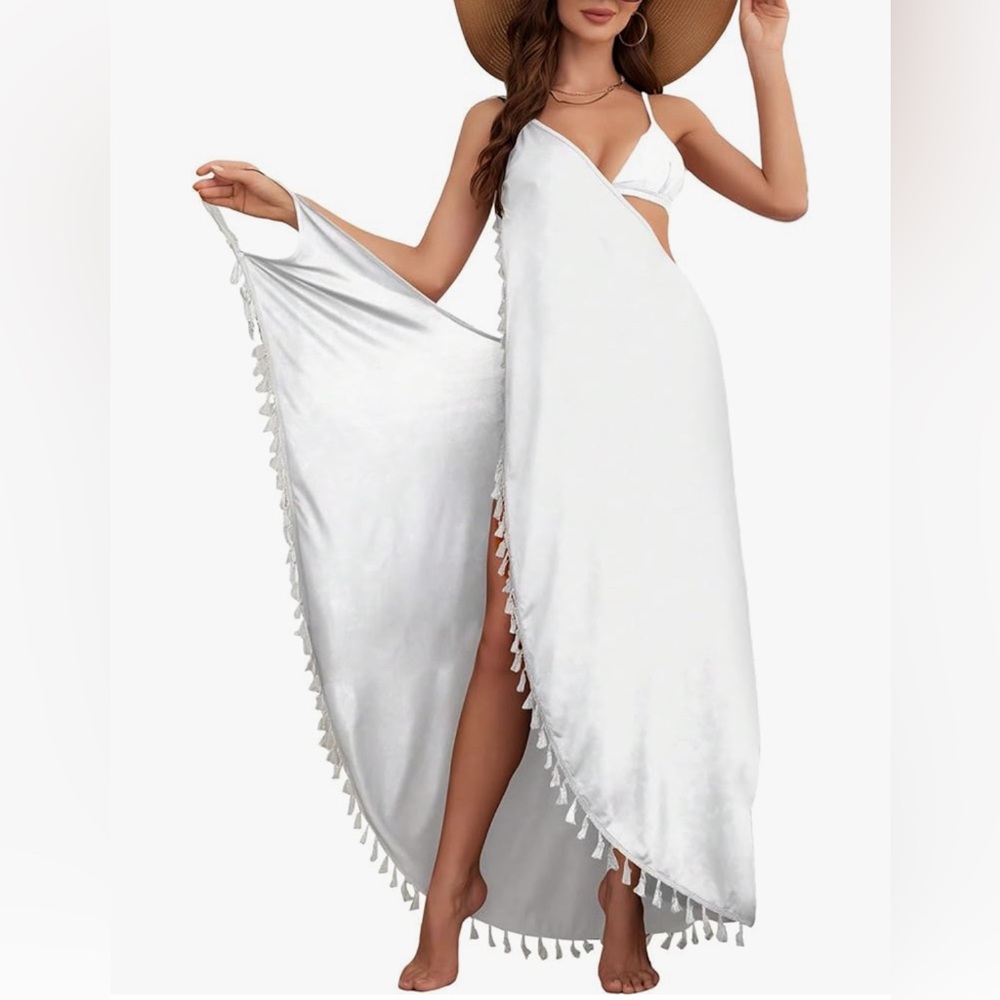 Women's Tassel Trim Wrap Beach Cover Up Long Dress Sleeveless Bikini Coverups